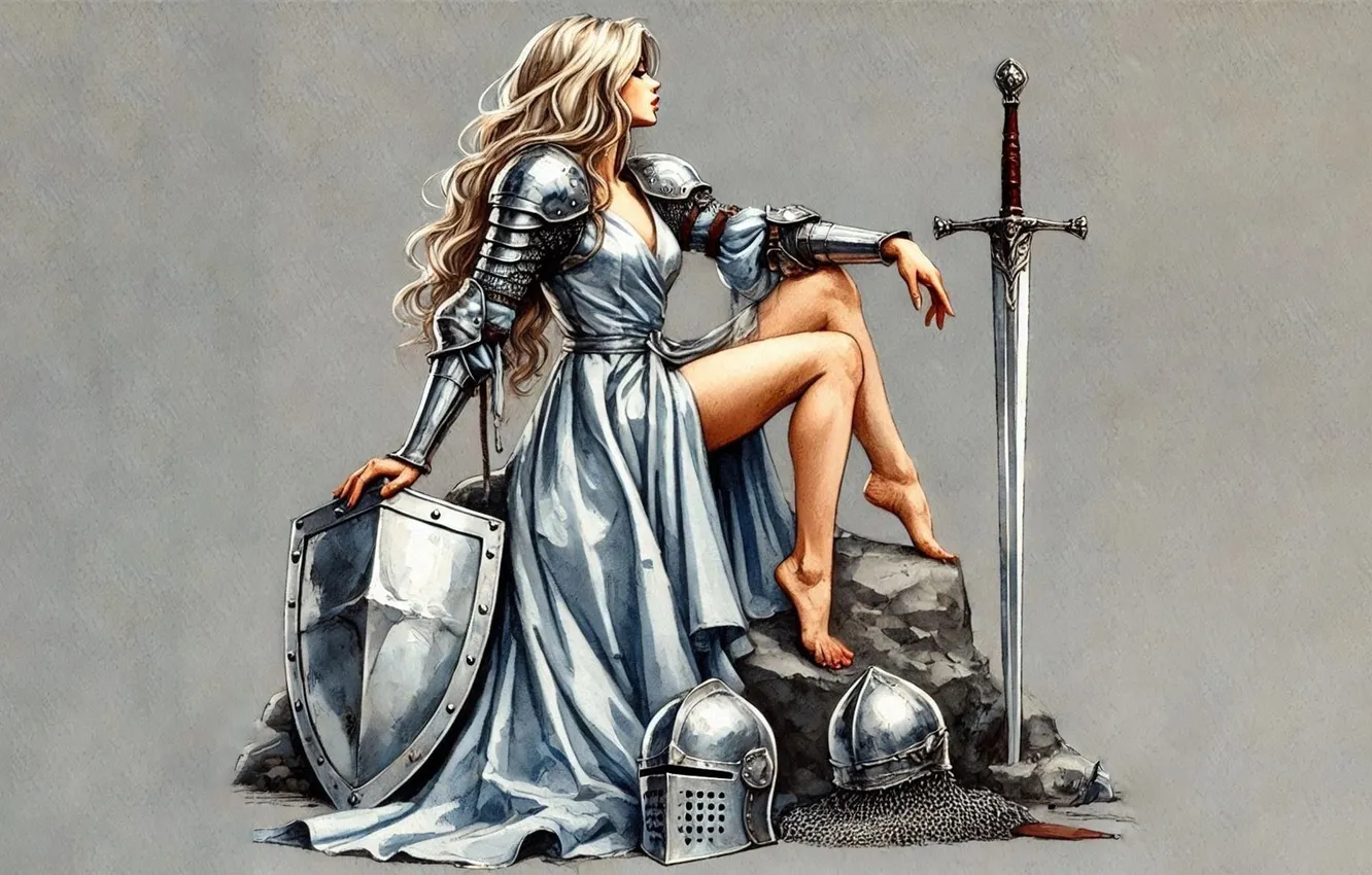 Photo wallpaper knight, blonde, helmet, sword, girl, fantasy, shield, sitting