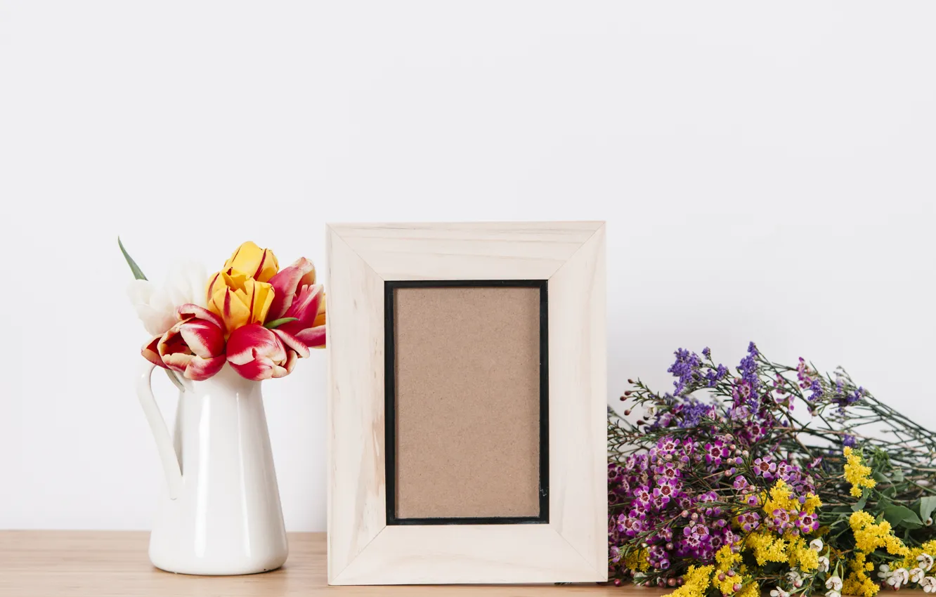 Photo wallpaper flowers, photo, bouquet, frame, colorful, tulips, vase, flowers
