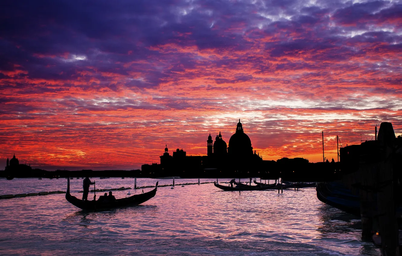 Photo wallpaper sunset, clouds, the evening, Italy, Venice, twilight, silhouettes