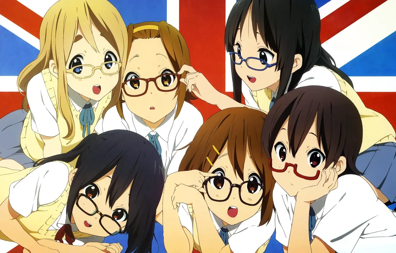 Photo wallpaper flag, glasses, schoolgirl, school uniform, k-on, Mio Akiyama, Azusa Nakano, Tsumugi Kotobuki
