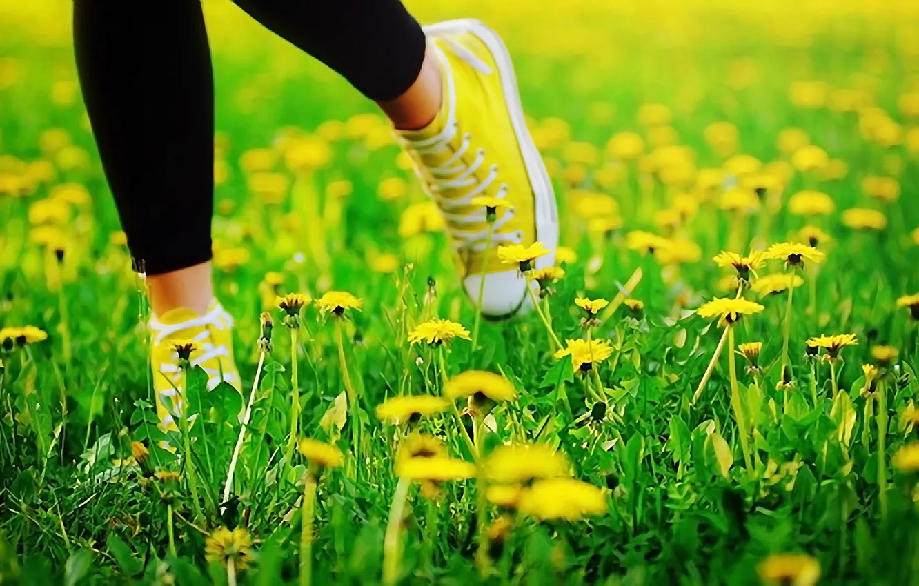 Photo wallpaper summer, grass, feet, sneakers, dandelions
