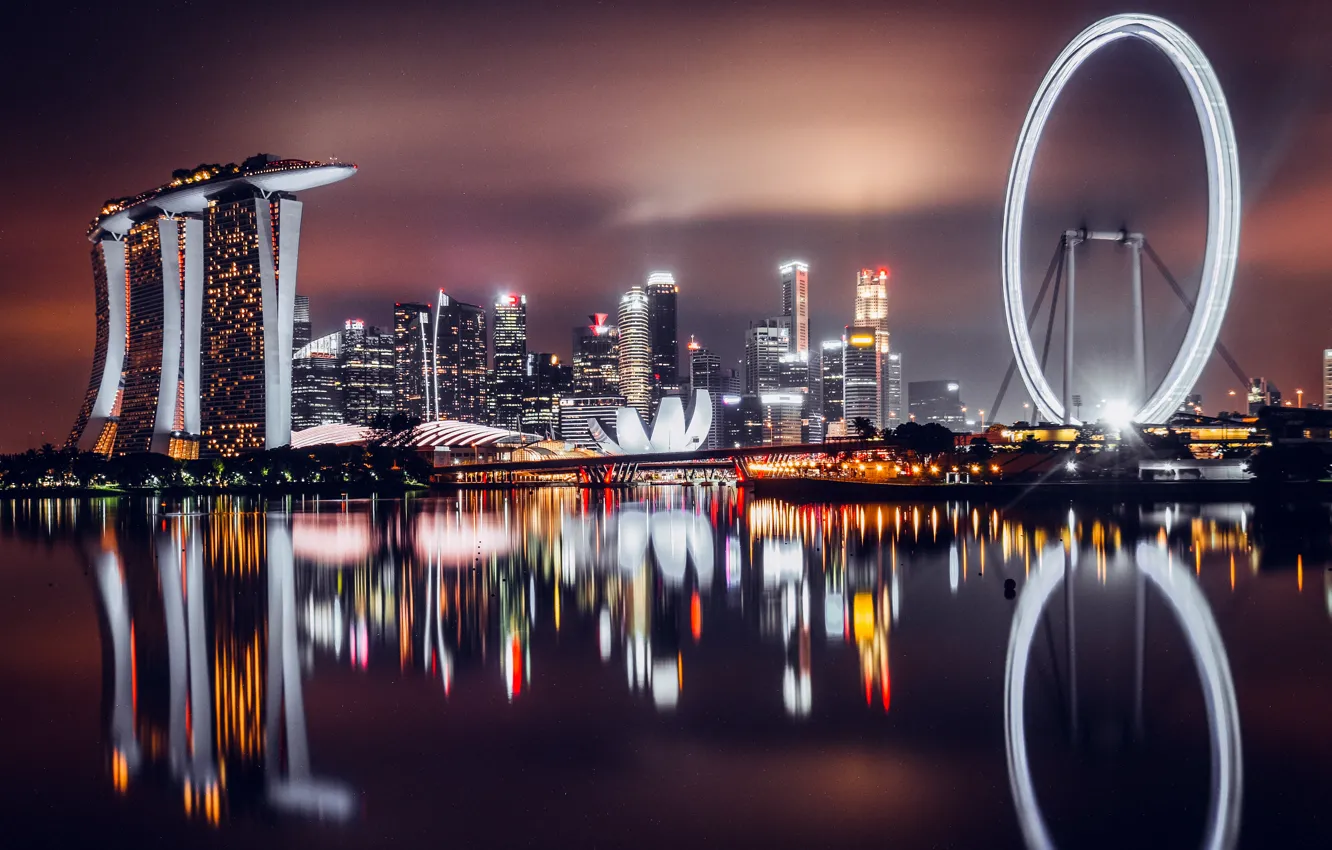 Photo wallpaper Skyline, Singapore, Reflection, Marina Bay, Cityscape, Night City, City lights