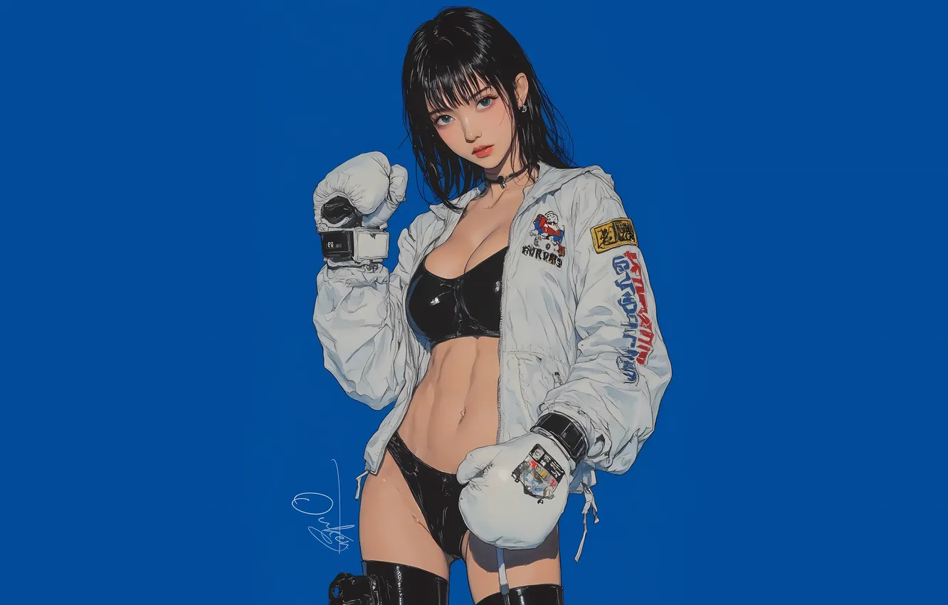 Photo wallpaper white, blue, boxing, asian, AI Art, OukenM24, techtock