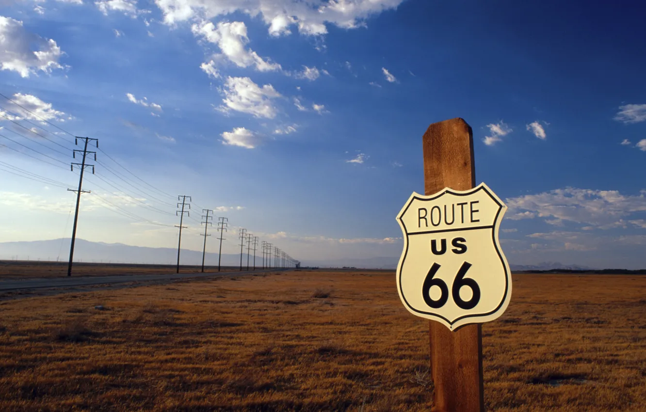 Photo wallpaper road, field, the sky, landscape, mountains, road sign, Route 66
