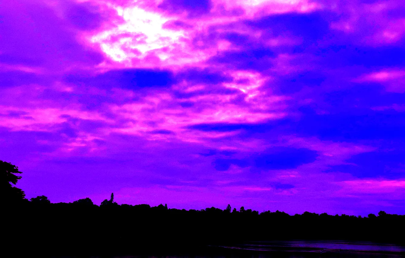 Photo wallpaper sky, trees, water, clouds, lake, morning, sun, sunrise