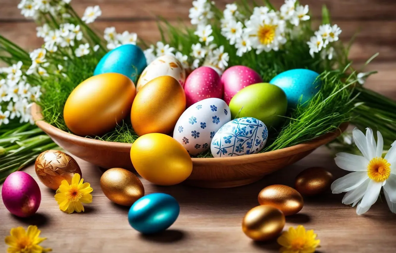Photo wallpaper flowers, eggs, spring, colorful, Easter, flowers, spring, Easter