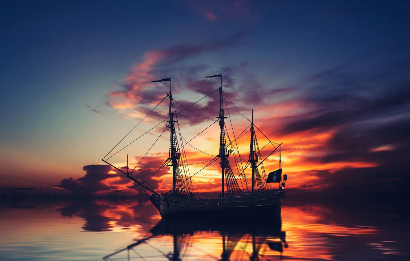 Photo wallpaper the sky, sunset, clouds, reflection, the ocean, ship, sailboat, the evening