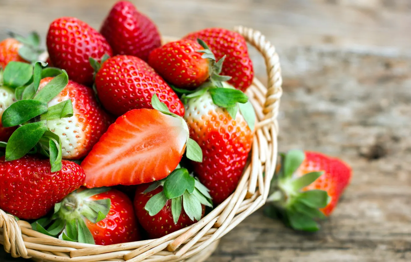 Photo wallpaper berries, basket, wood, strawberry