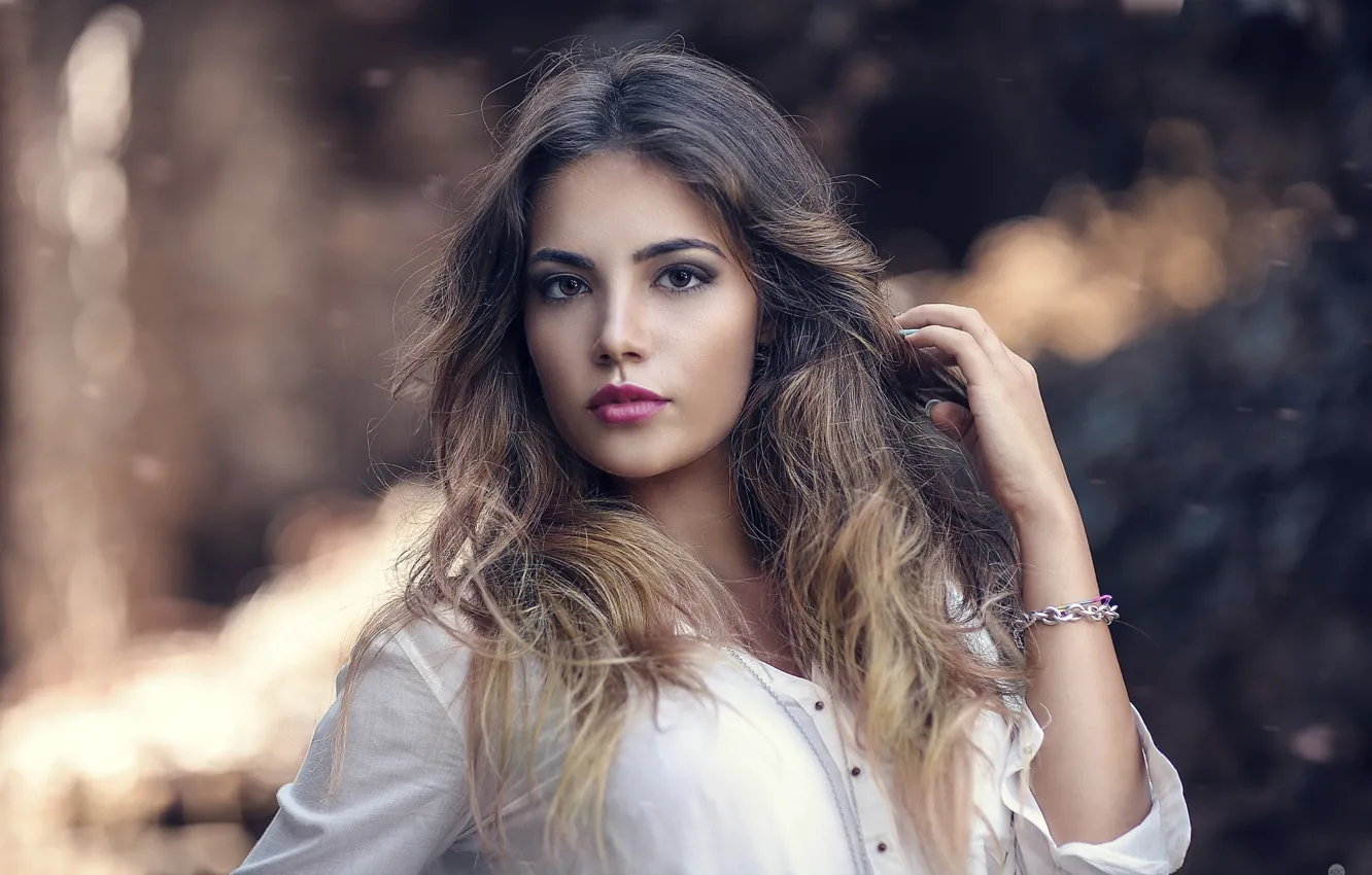 Photo wallpaper look, pose, background, model, portrait, makeup, hairstyle, blouse