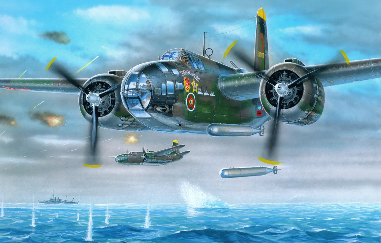 Photo wallpaper sea, the sky, war, attack, ship, art, the plane, torpedo