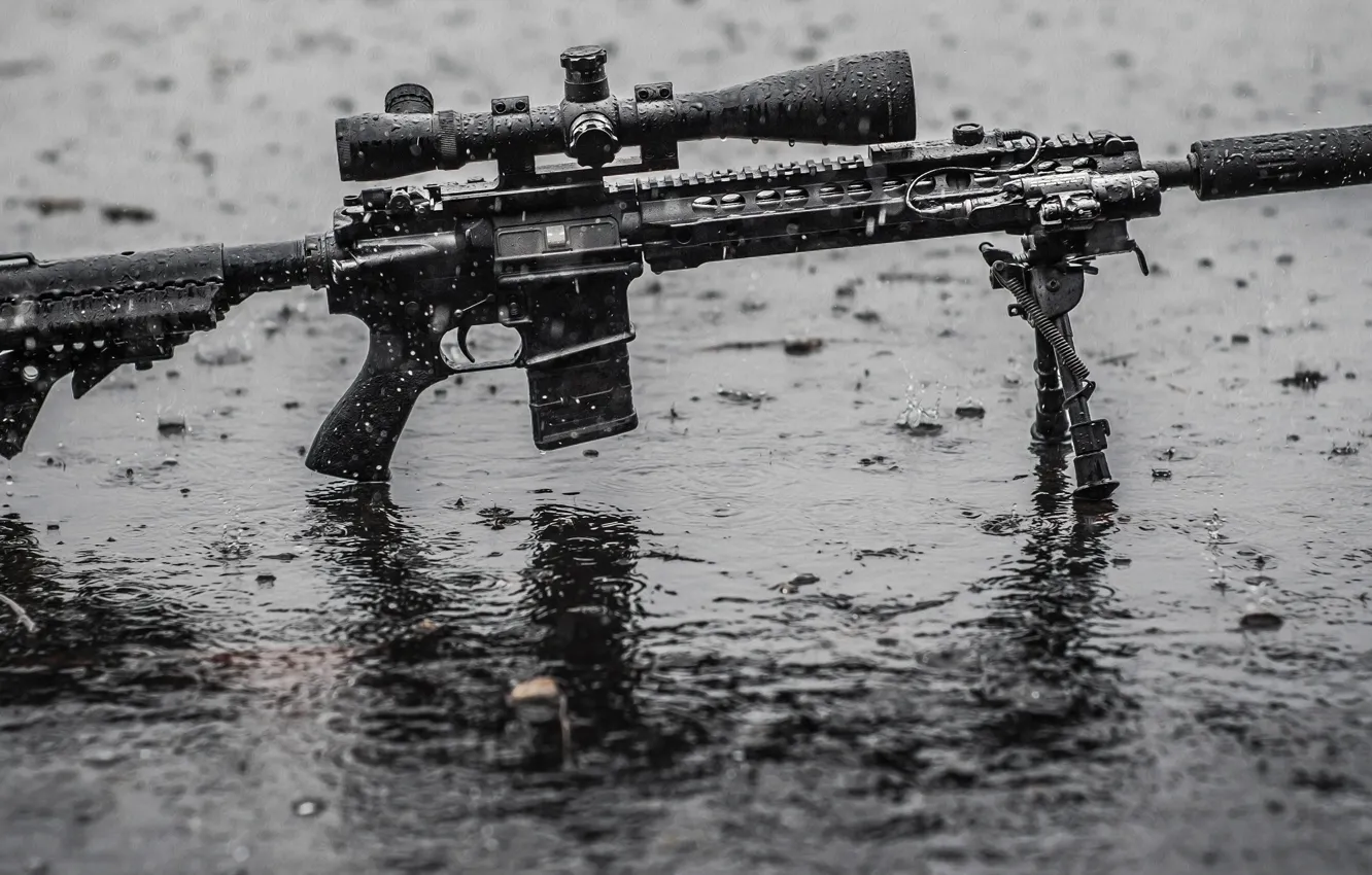 Photo wallpaper wet, rain, water, assault rifle, tripod, telescopic sight