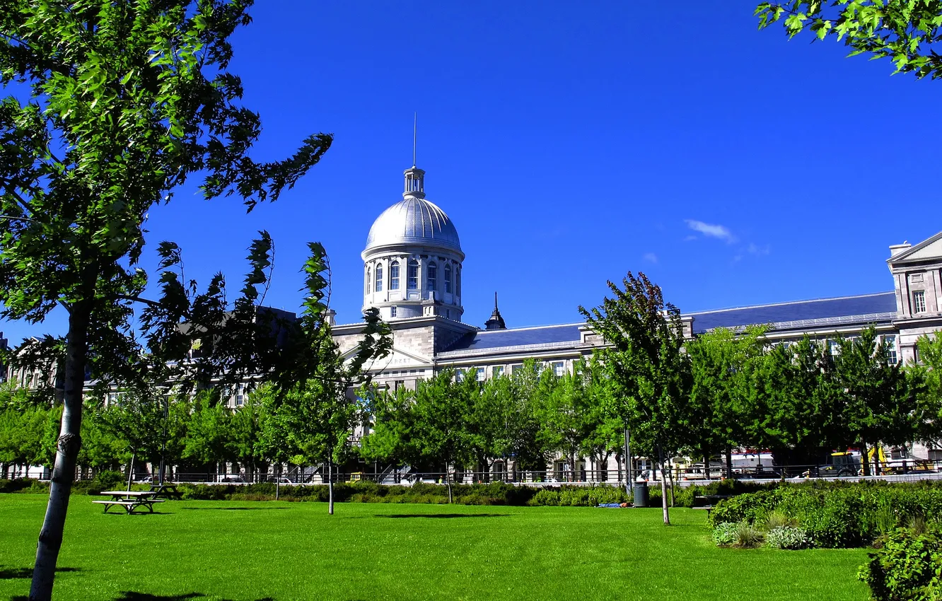 Photo wallpaper grass, trees, Park, Canada, cafe, Montreal, restaurants, historic building