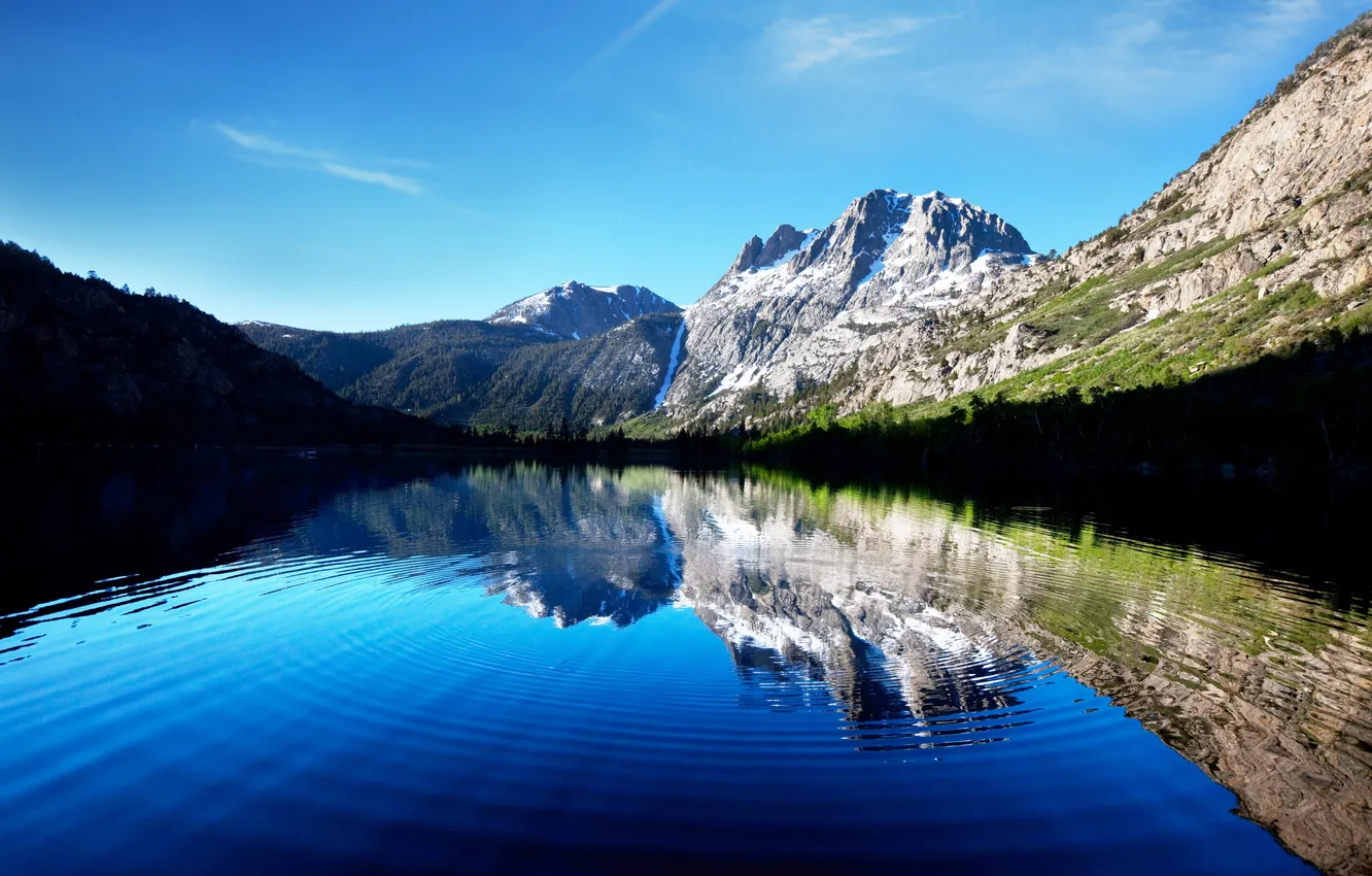 Photo wallpaper forest, the sky, snow, circles, mountains, lake, reflection, tops