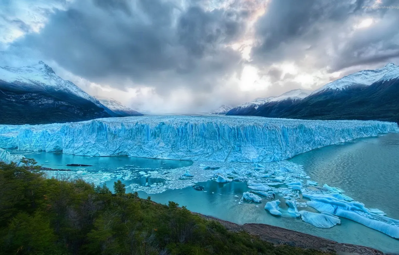 Photo wallpaper forest, the sky, water, mountains, clouds, nature, slope, glacier