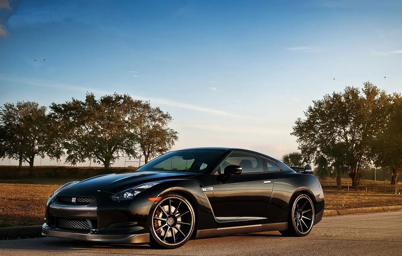 Photo wallpaper road, the sky, trees, black, Nissan, GT-R, black, front view