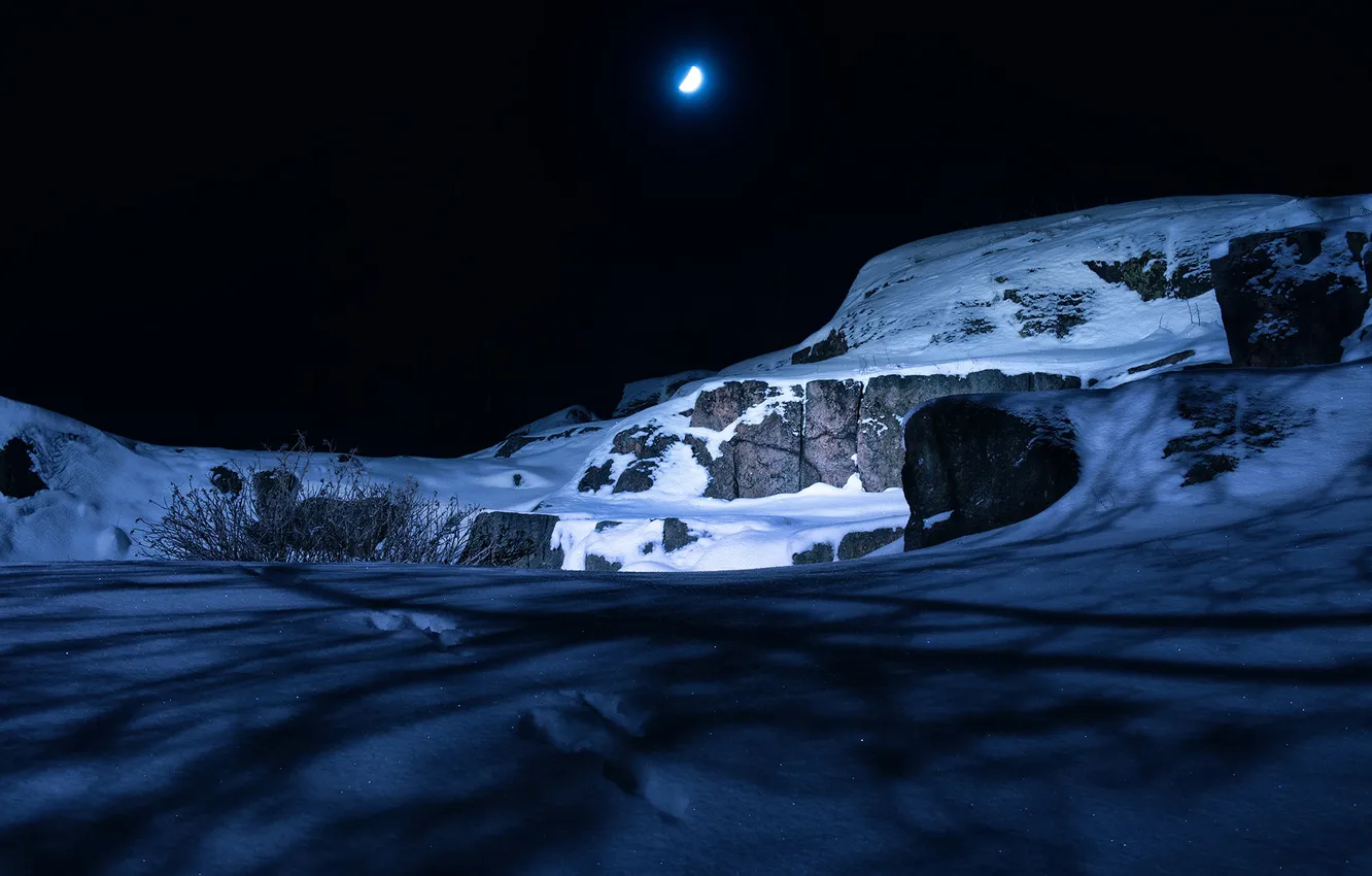 Photo wallpaper snow, night, stones, the moon