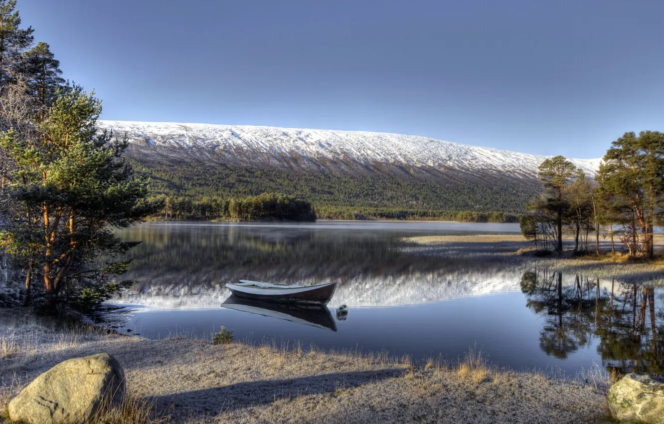 Photo wallpaper mountains, lake, boat
