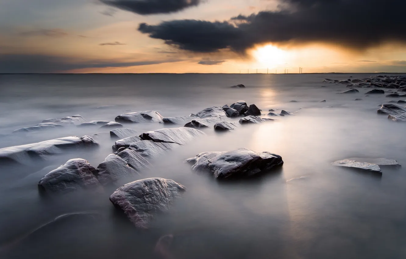 Photo wallpaper sea, sunset, stones, Sweden, Varmland, Takene
