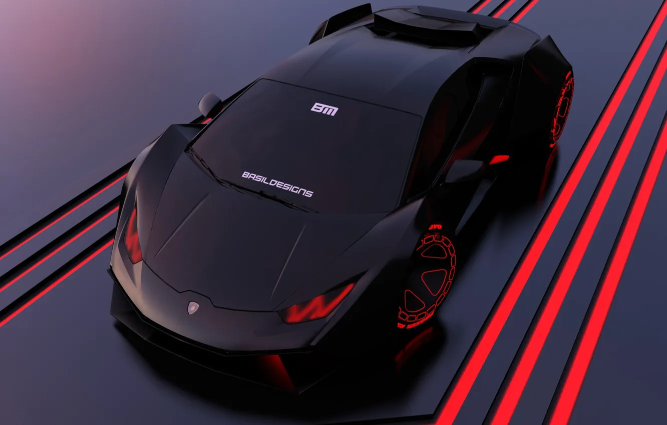 Photo wallpaper machine, rendering, Lamborghini, supercar, Huracan, Lamborghini Huracan, Cyberpunk, Basil Almasri
