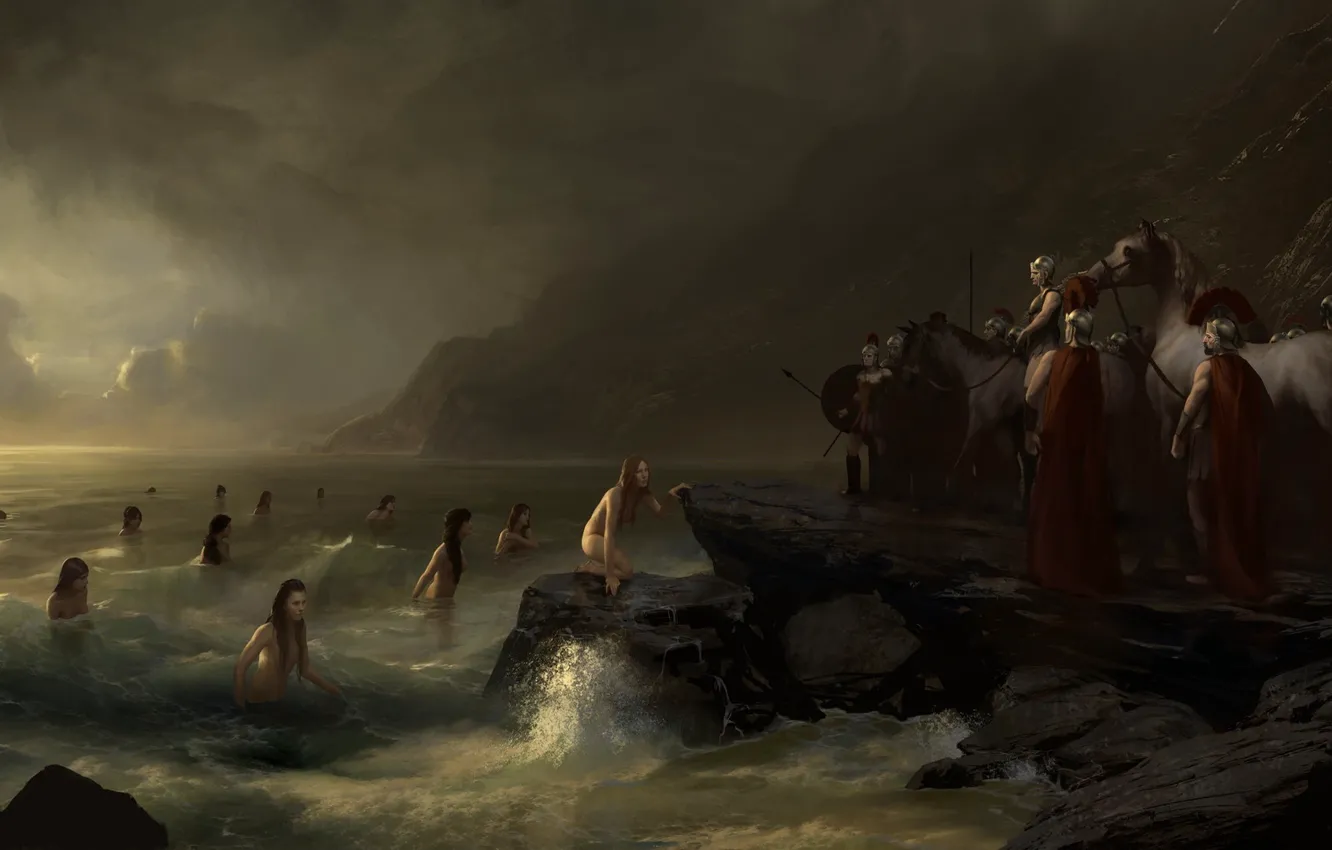 Photo wallpaper sea, girl, clouds, shore, warrior, soldiers