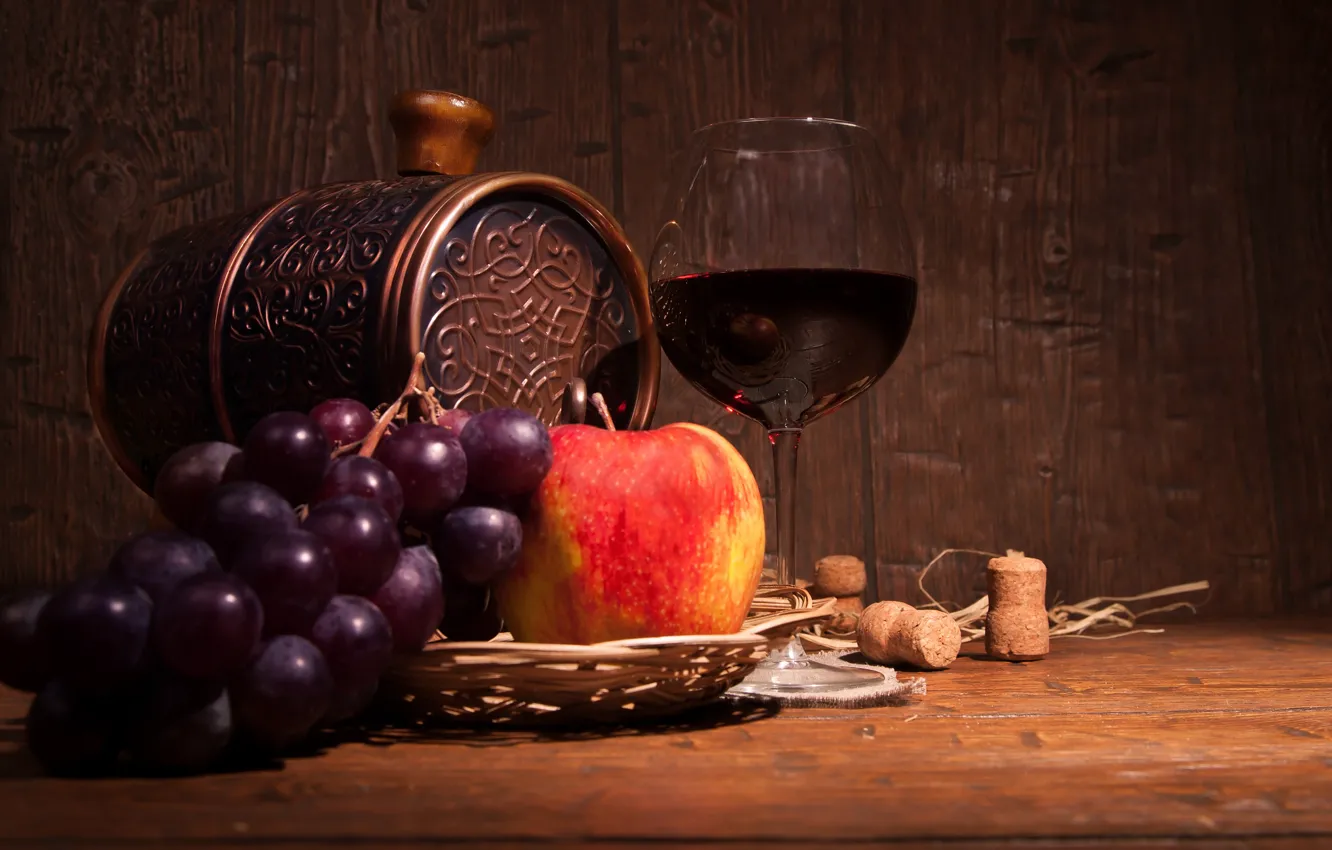 Photo wallpaper wine, apples, glass, grapes, tube, barrel
