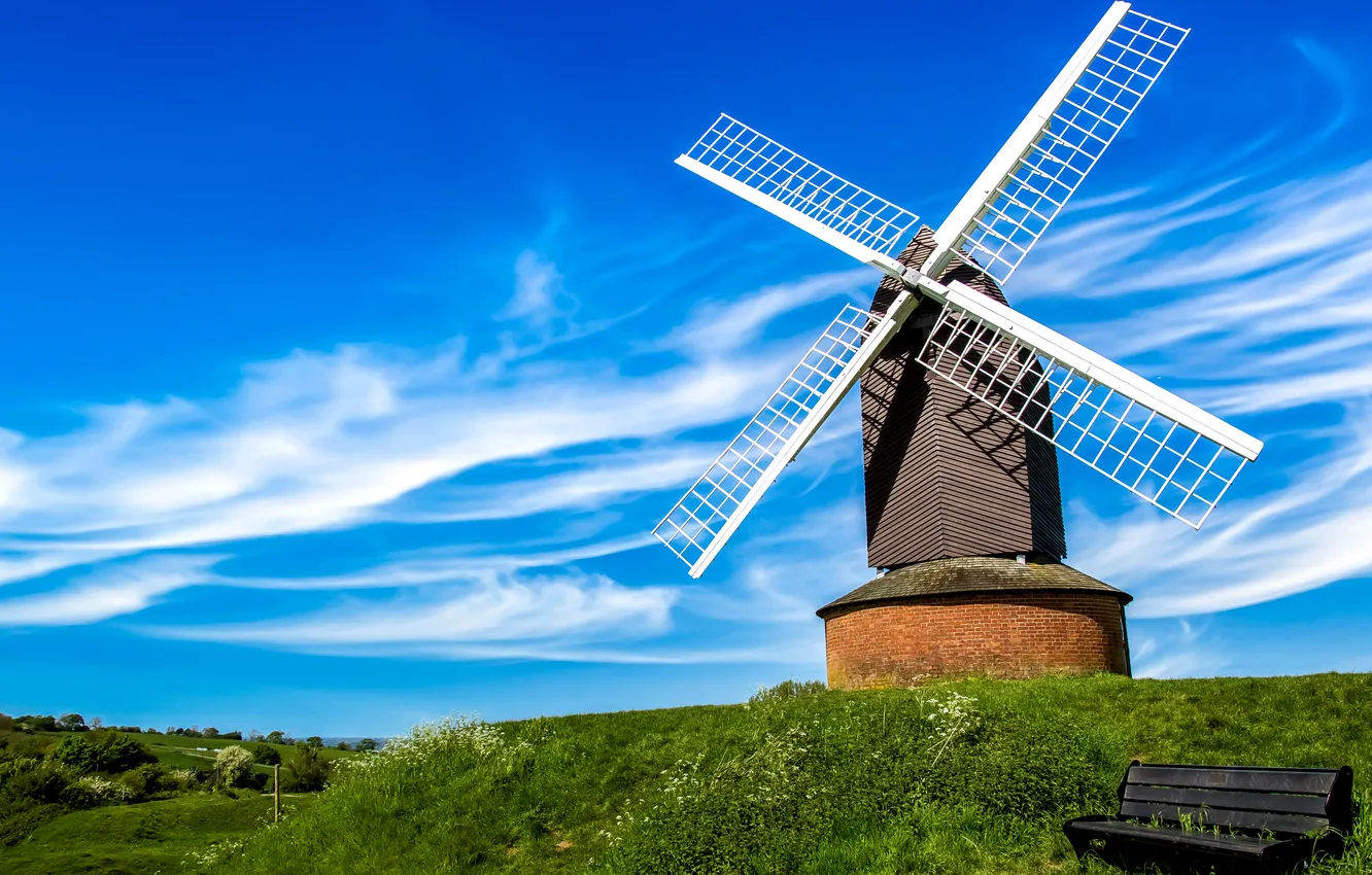 Photo wallpaper the sky, bench, England, mill, England, Buckinghamshire, Brill, Buckinghamshire