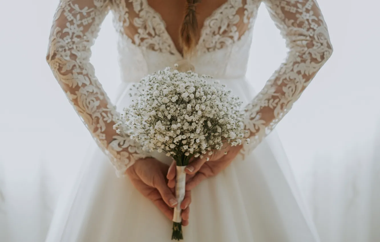 Photo wallpaper girl, flowers, back, bouquet, the bride