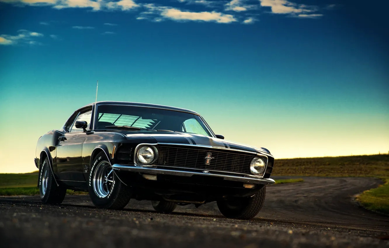 Photo wallpaper Mustang, Ford, Muscle, Car, Classic, Black, Sunset, 1970
