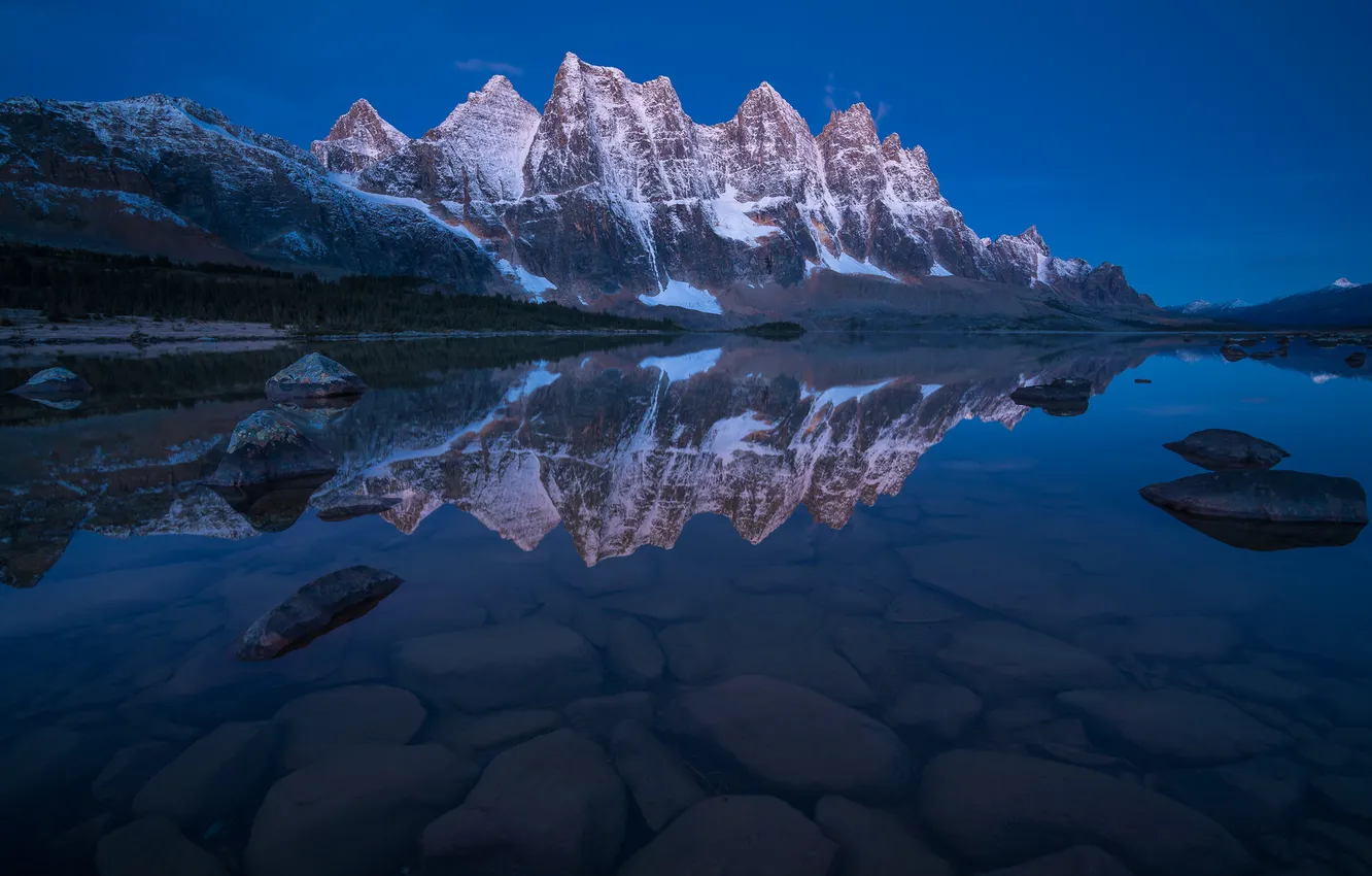 Photo wallpaper mountains, lake, reflection, blue, stones, rocks, shore, tops