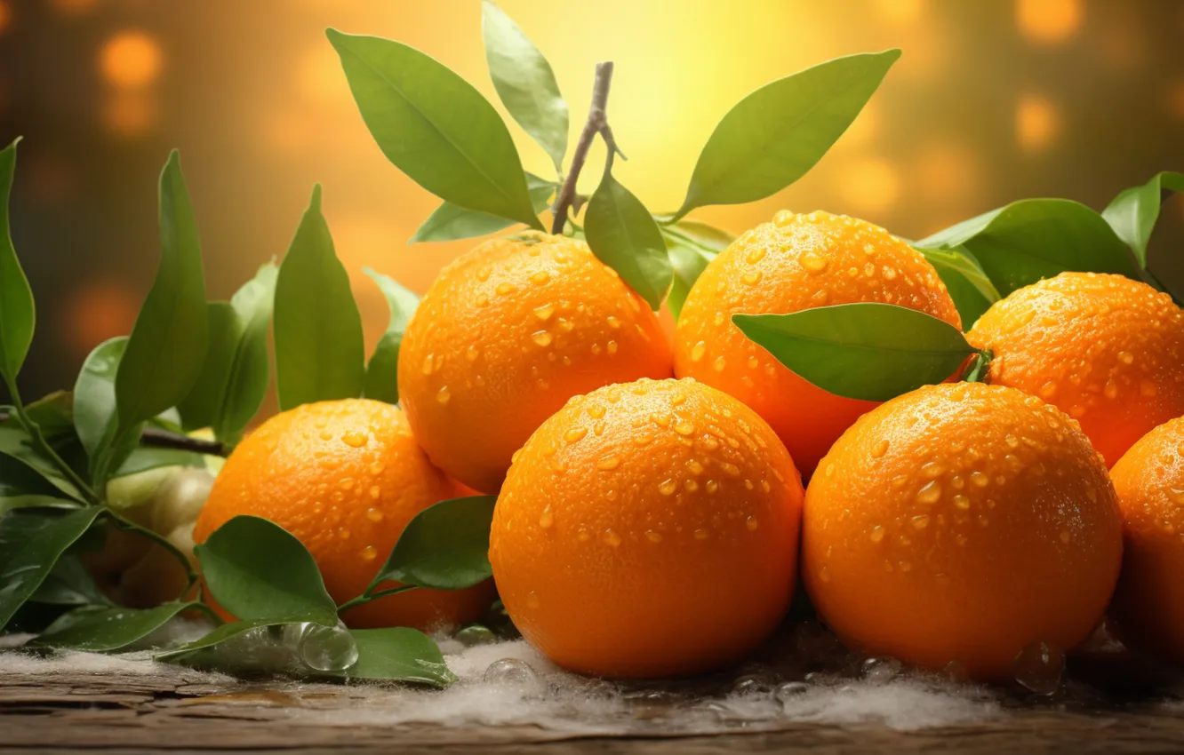 Photo wallpaper leaves, the sun, drops, light, branches, table, orange, harvest