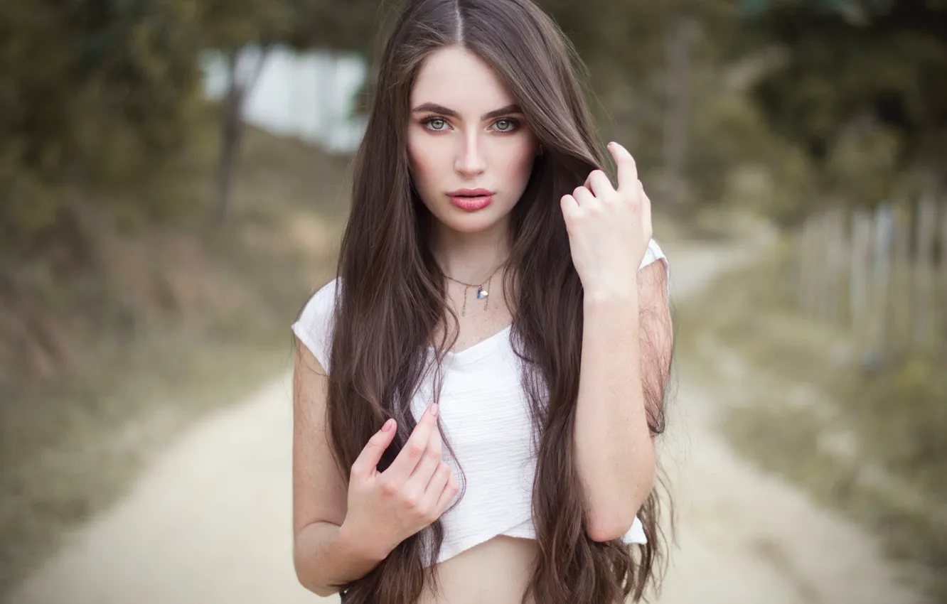 Photo wallpaper girl, road, Model, green eyes, long hair, brown hair, photo, lips