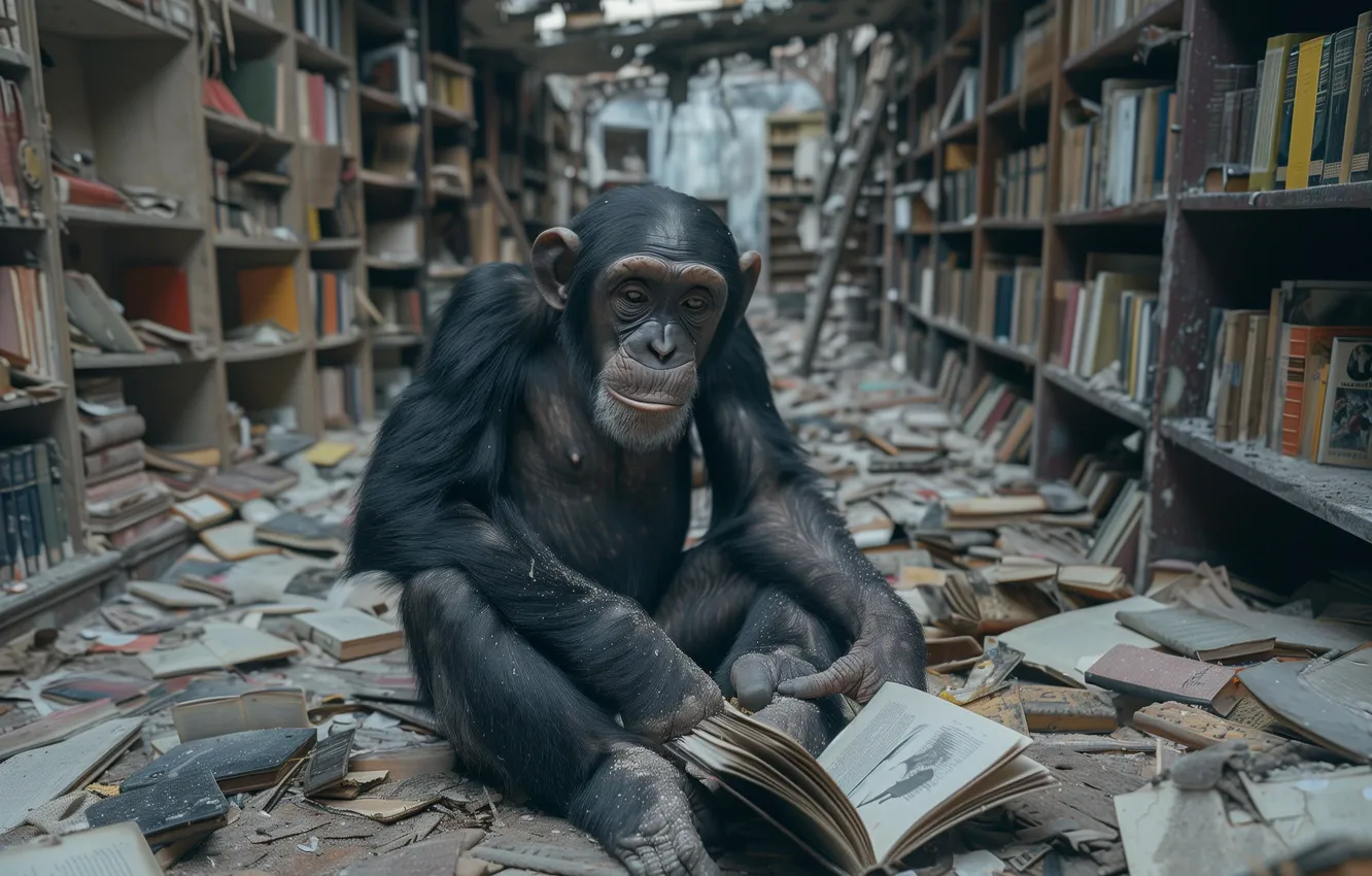 Photo wallpaper books, monkey, devastation, library, chimpanzees, neural network