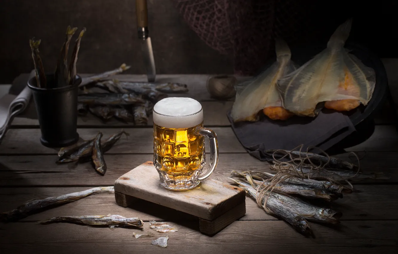 Photo wallpaper glass, beer, fish, still life, balyk
