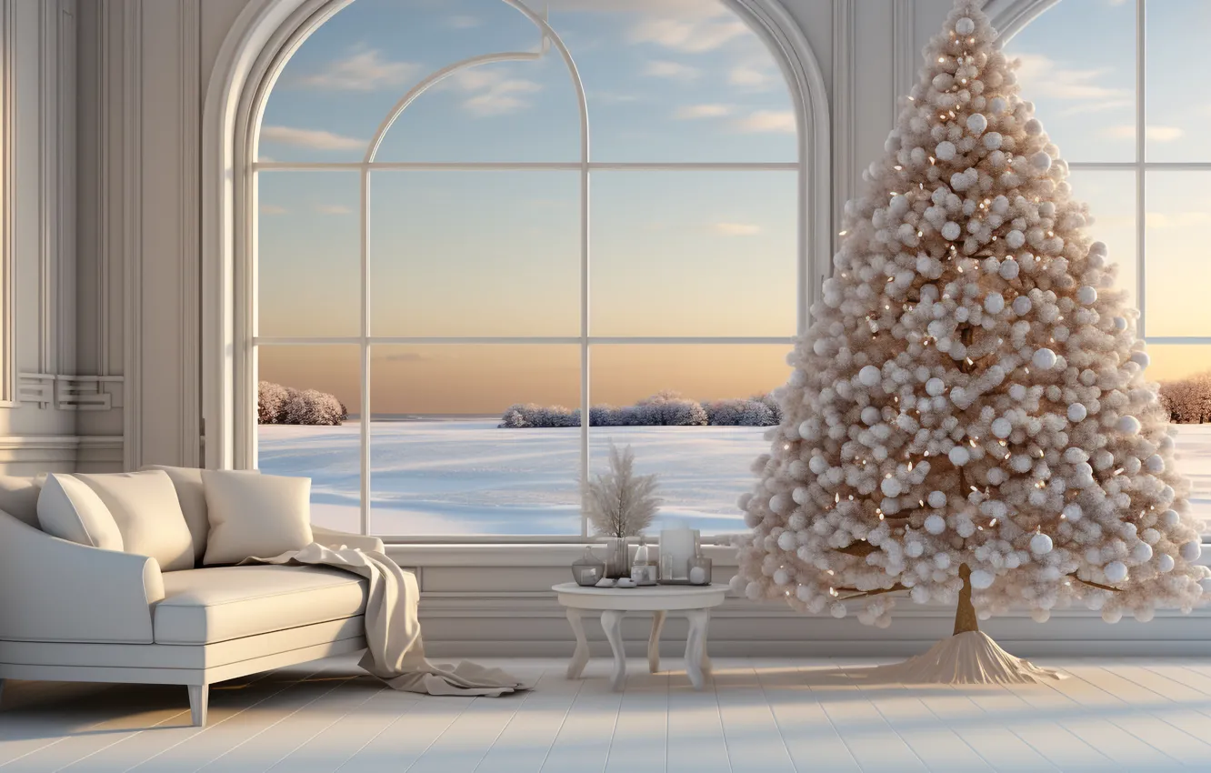 Photo wallpaper decoration, room, sofa, gift, balls, tree, new year, home