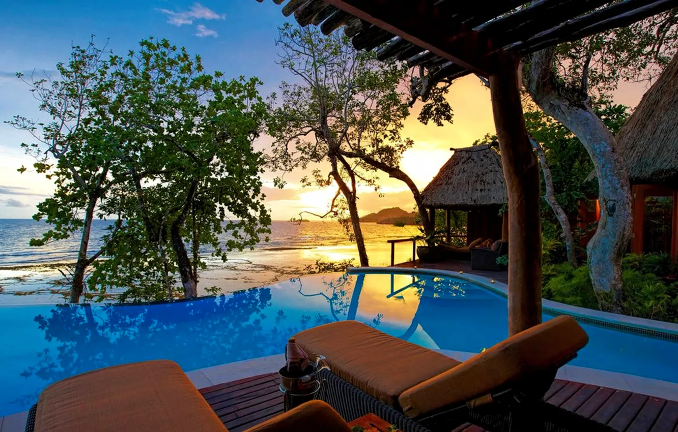 Photo wallpaper the ocean, the evening, pool, Bungalow