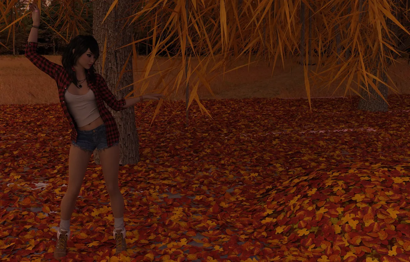 Photo wallpaper autumn, leaves, girl, the evening