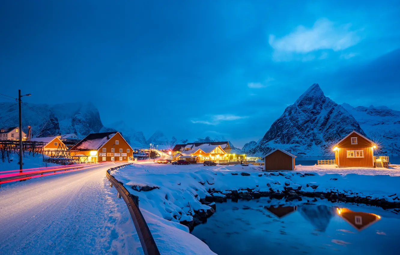 Photo wallpaper winter, lights, the evening, Norway, Lofoten