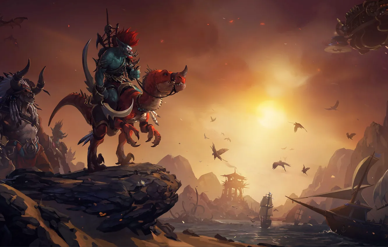 Photo wallpaper sunset, bird, ship, lizard, World of Warcraft, wow, Tauren, Troll