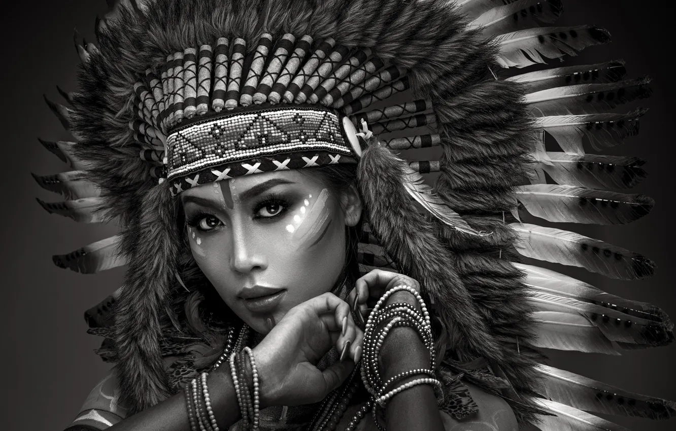 Photo wallpaper look, girl, decoration, pose, style, model, portrait, feathers