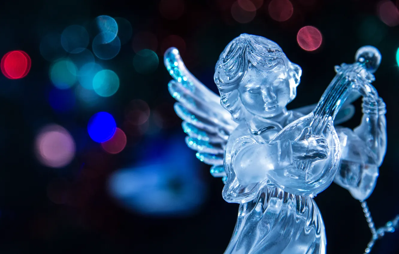 Photo wallpaper lights, angel, blurred, Christmas, lute