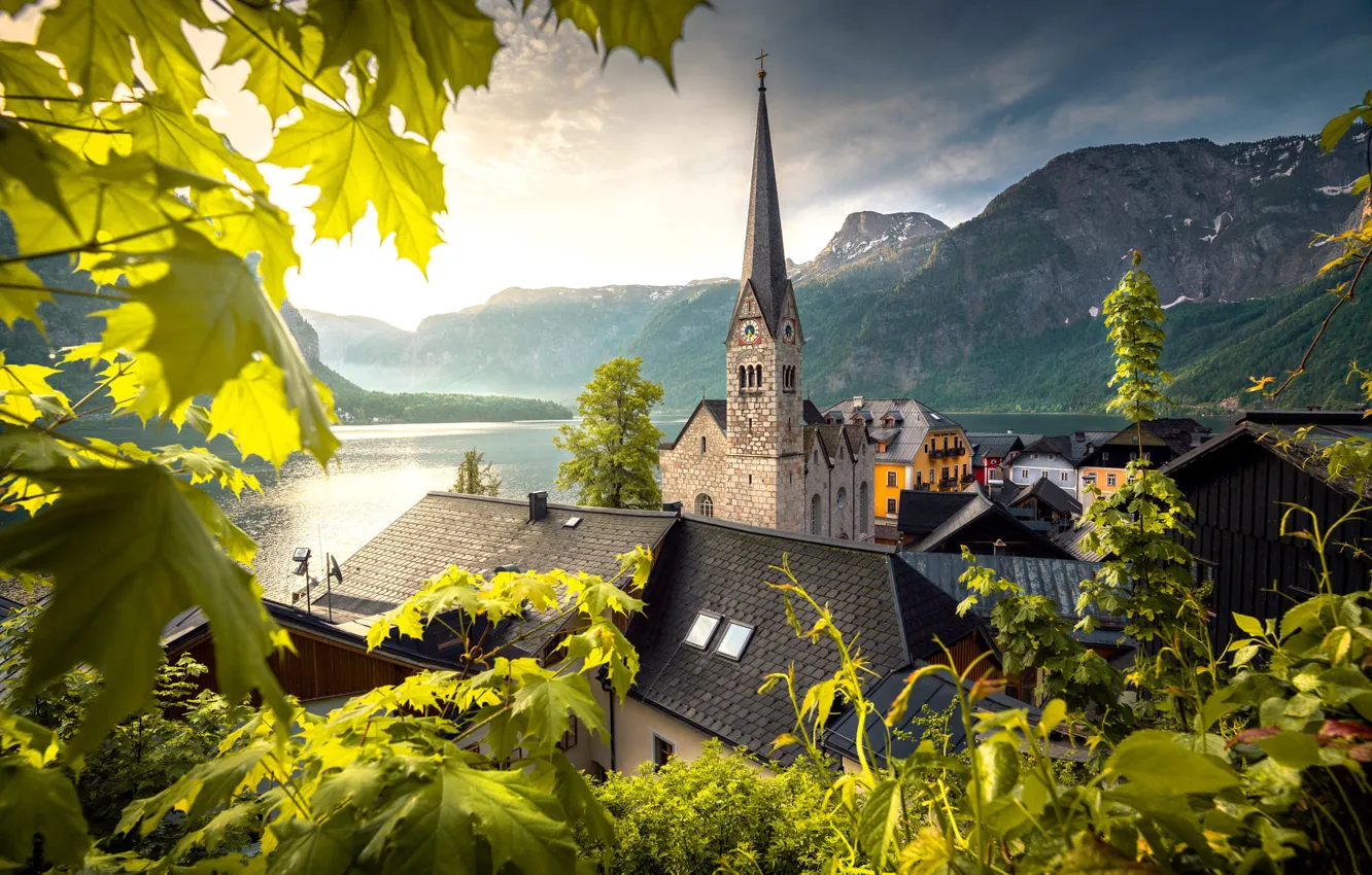Photo wallpaper leaves, mountains, lake, tower, home, Austria, roof, Church