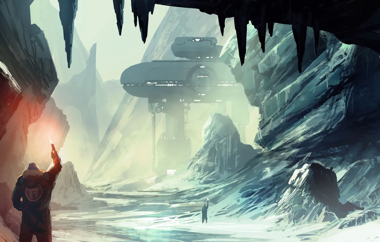 Photo wallpaper winter, snow, mountains, rocks, people, station, art