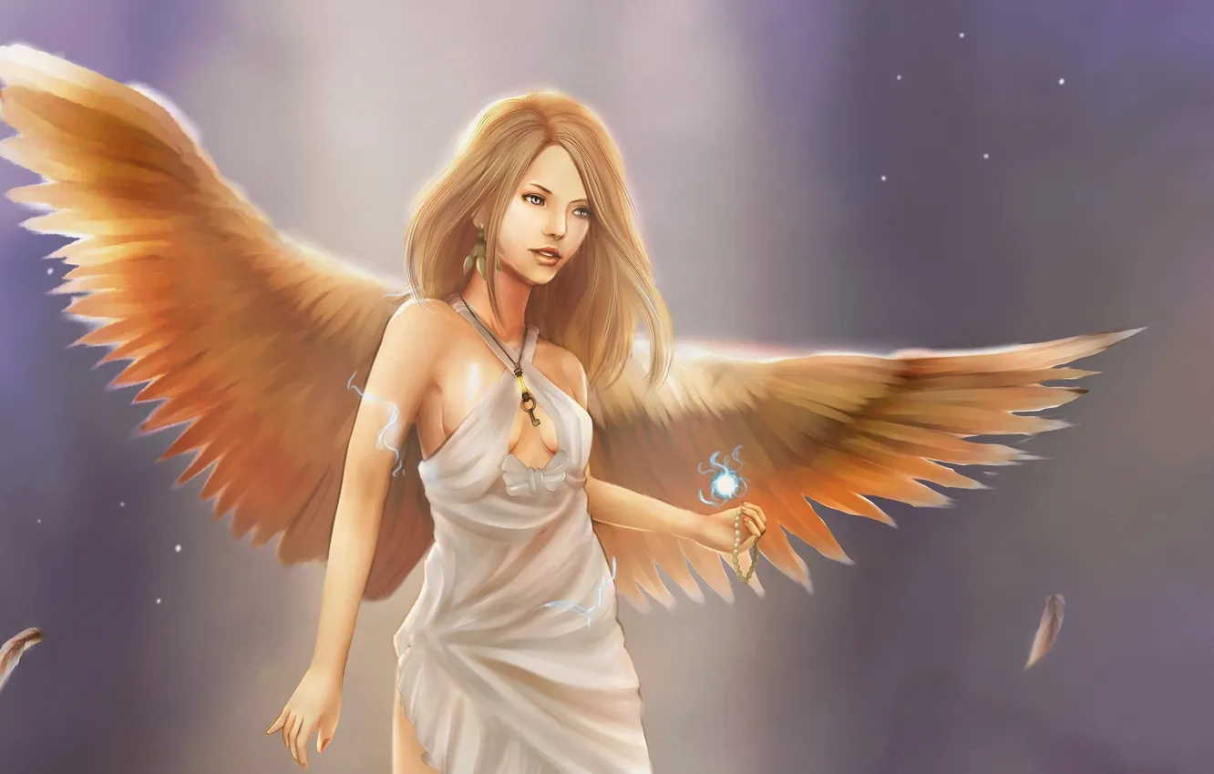 Photo wallpaper look, girl, background, fiction, hair, wings, angel, dress