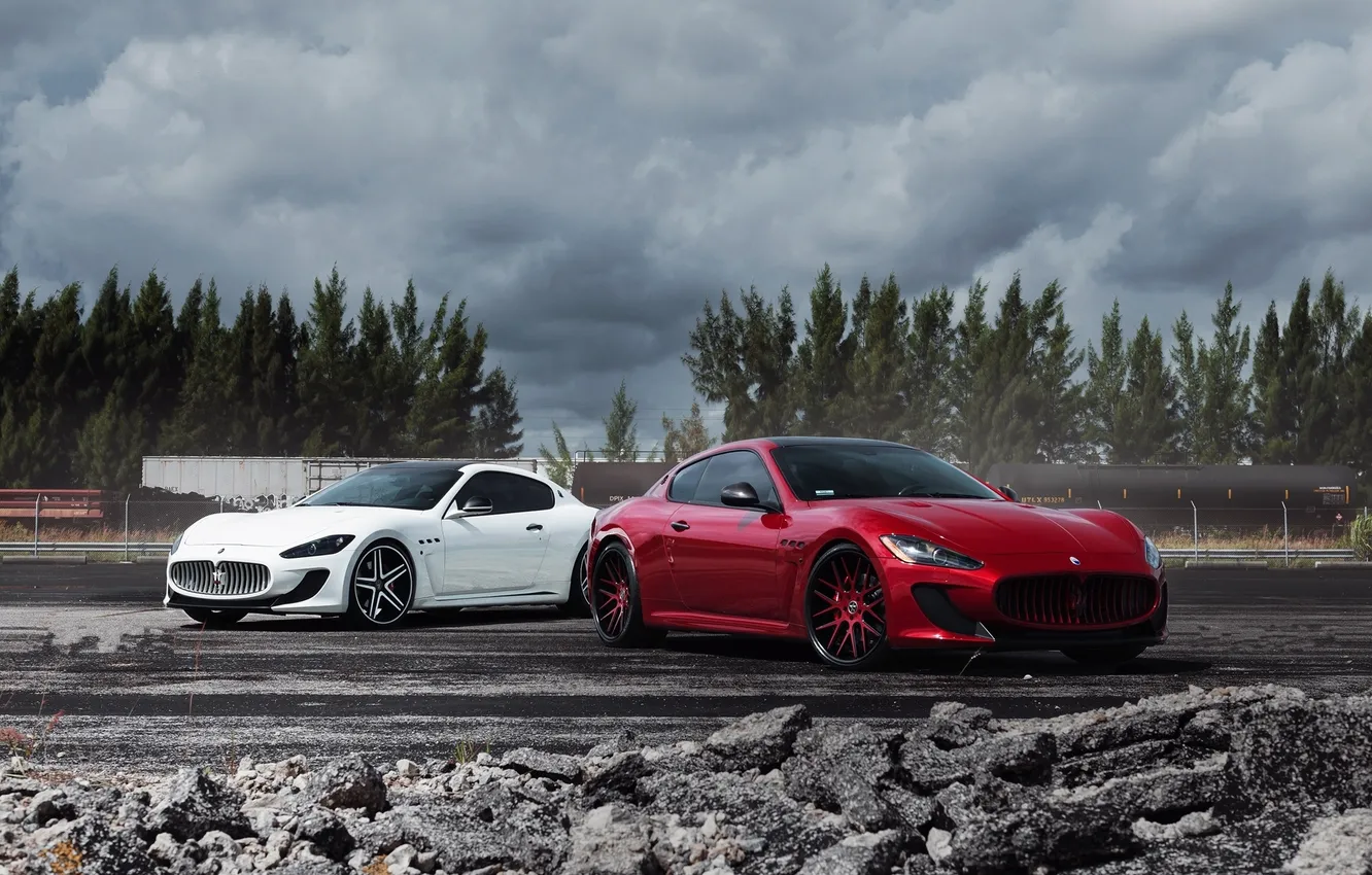 Photo wallpaper white, the sky, trees, red, clouds, Maserati, red, white