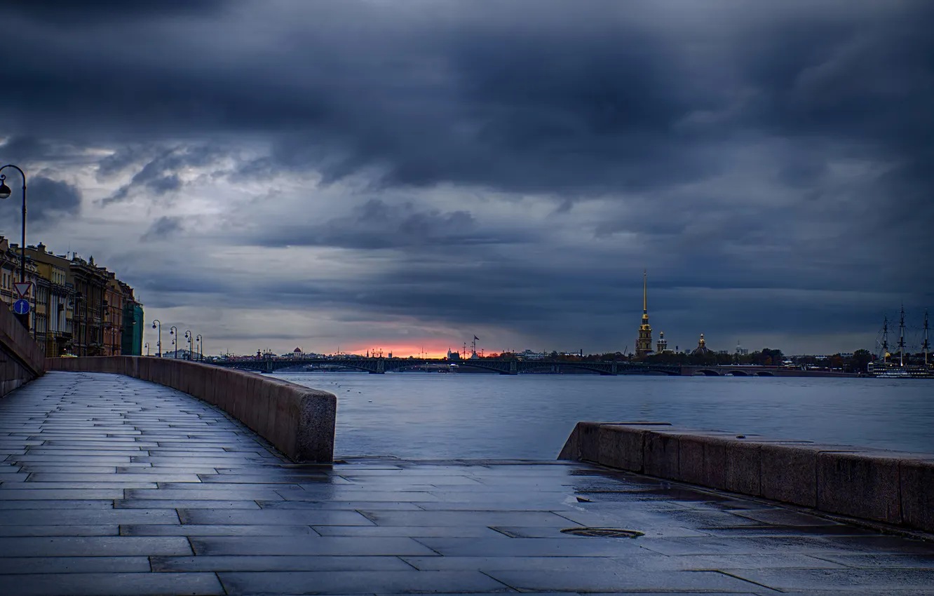 Photo wallpaper clouds, river, overcast, the evening, promenade, Neva, Saint Petersburg