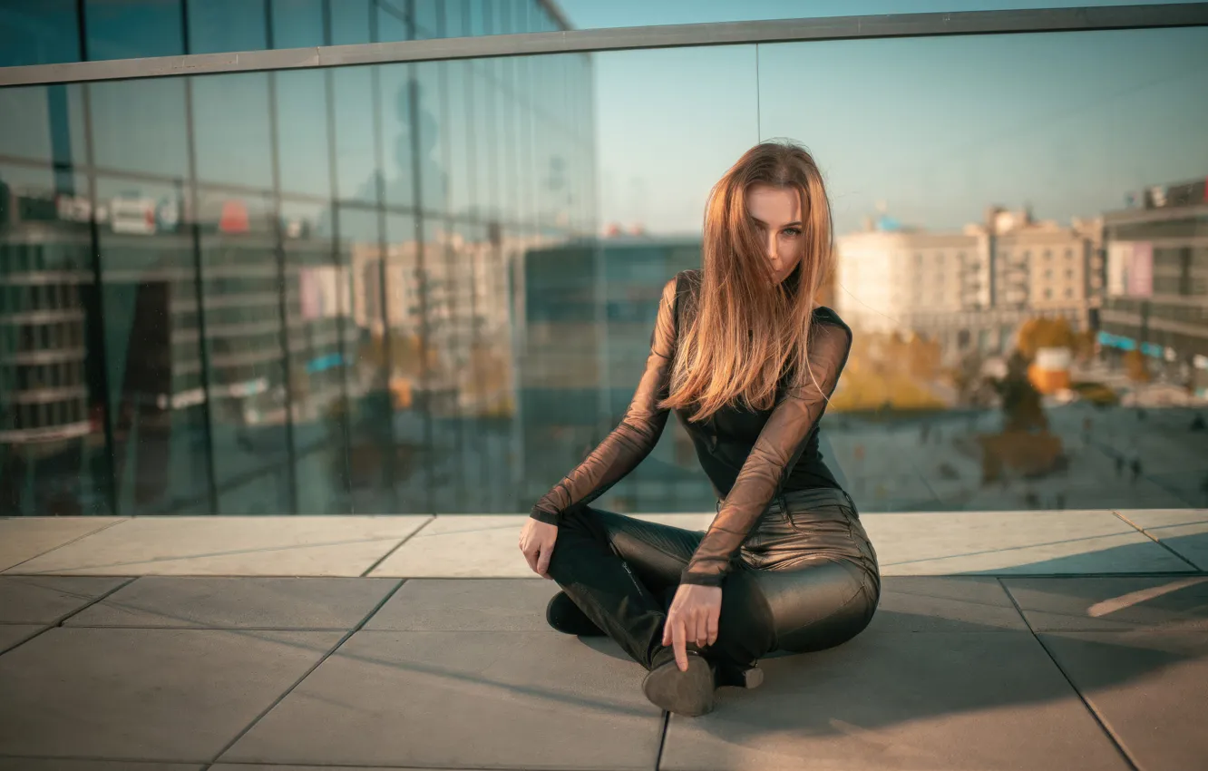 Photo wallpaper girl, black, blonde, clothing, Rooftop