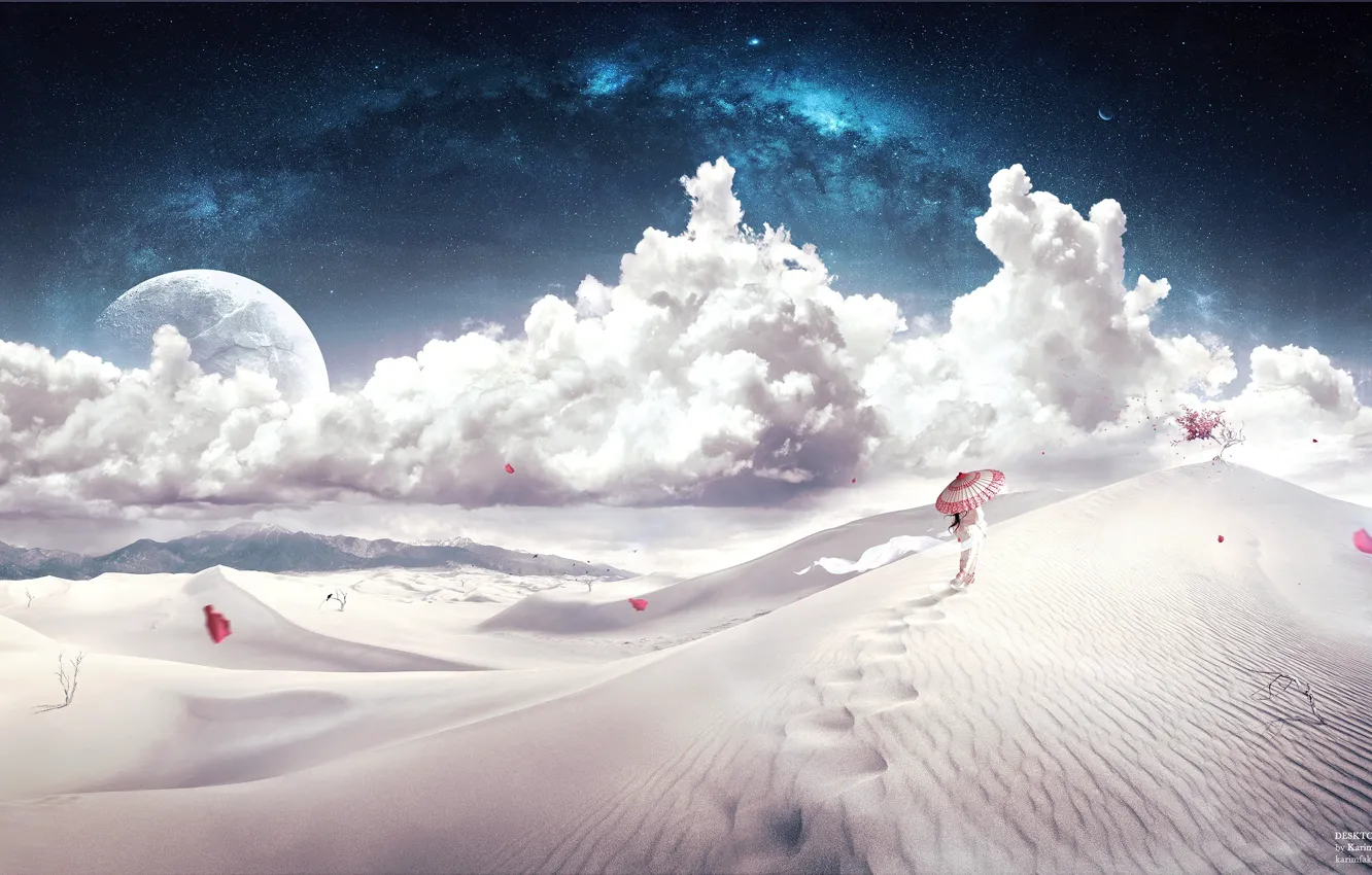 Photo wallpaper girl, stars, clouds, trees, the dunes, the way, the wind, desert