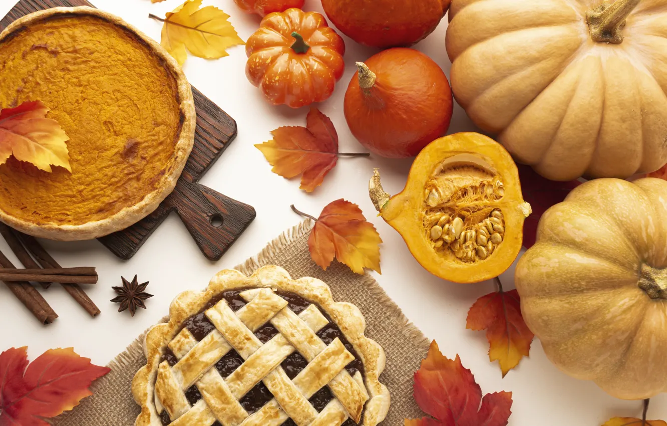 Photo wallpaper autumn, leaves, Board, pie, fabric, pumpkin, cake, cakes