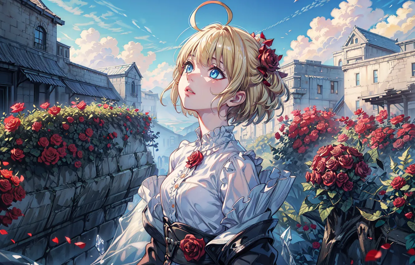 Photo wallpaper blue eyes, blue sky, flower in hair, looking up, white blouse, rose bushes, blonde, city …