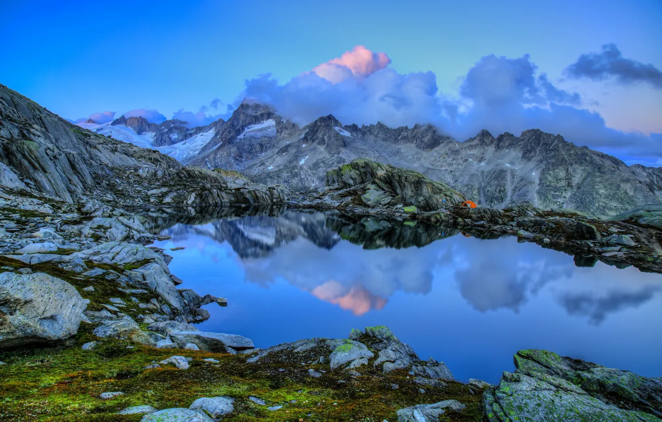 Photo wallpaper clouds, mountains, lake
